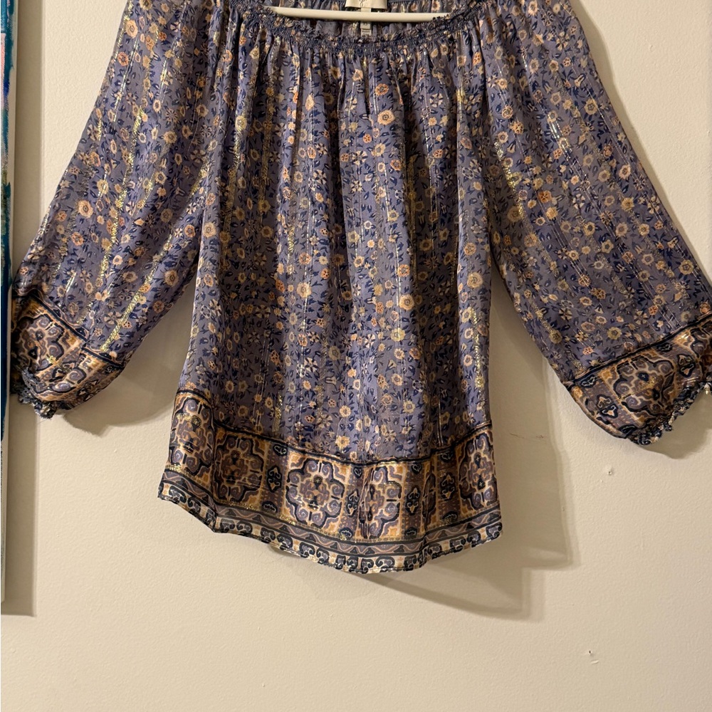Joie Blue Floral Off-Shoulder Blouse with Border Print